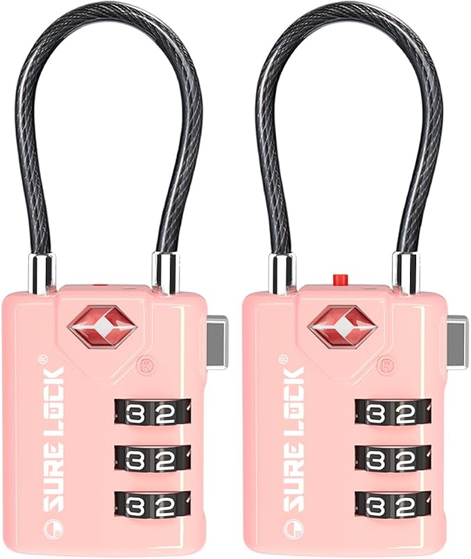 SURE LOCK TSA Approved Luggage Locks with Open Alert Indicator, 3 Digit Combination Cable Travel Lock for Suitcase, Backpack, Gym Locker, Toolbox & Travel Bag(2, Pink 2 Pack) by Hopeyoucanstaysafe