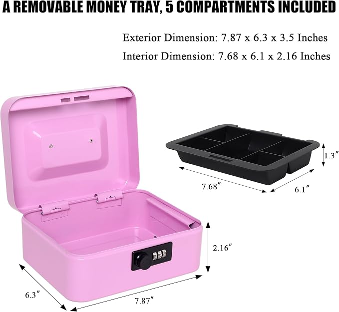 Jssmst Medium Cash Box with Combination Lock - Durable Metal Cash Box with Money Tray Light Purple,7.87 x 6.3 x 3.35 inches - Image 2