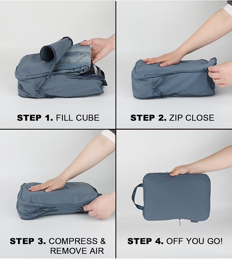4 Set Compression Packing Cubes, Expandable Travel Organizer Bags, Water-Repellent Nylon, Space-Saving Luggage Set for Suitcase, Carry-on, Home Storage (4, Blue, Compression) - Image 6