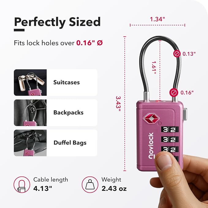 TSA Approved Luggage Locks, Travel Locks with Inspection Indicator | TSA008, Easy to Read Dials, 4 Digit Combination, Flexible Steel Cable, for Suitcases, Backpacks, Bags, 2-Pack, Purple - Image 2