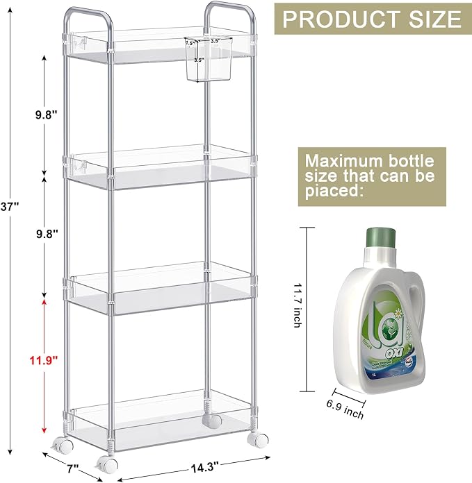SPACEKEEPER Acrylic Storage Rolling Cart, 4 Tier Bathroom Cart Organizer | Clear Utility Cart for Laundry Room,Kitchen,Office,Bathroom, Transparency Storage Cart for Snack,Craft,Art,Makeup,Nail,Toys - Image 2