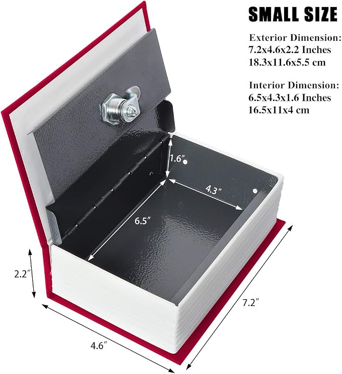 Jssmst Book Safe with Key Lock, Dictionary Diversion Safe Seceret Hidden Book, Metal Lock Box Small, 7.2" x 4.6" x 2.2", Red - Image 2
