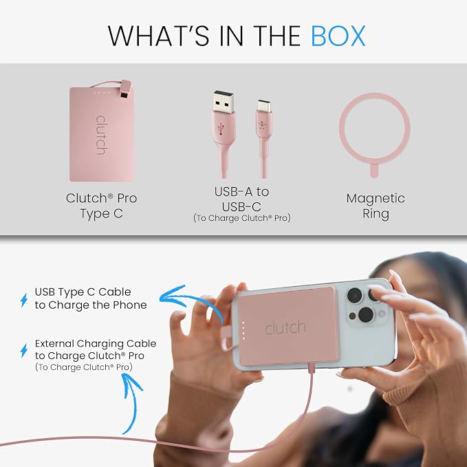 Clutch Pro – World's Thinnest Portable Charger – USB-C Power Bank 5000mAh – Magnetic Built-in Cable – TSA Approved Travel Charger – iPhone 15/16/17 & Android – Pink - Image 5