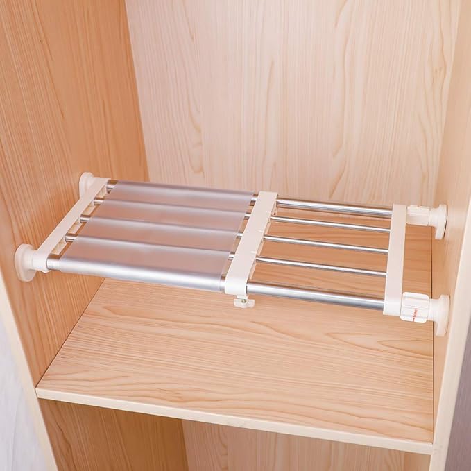 Closet Tension Shelf & Rod Expandable, Adjustable Storage Rack | Metal Organizer DIY Divider Separator for Cabinet Wardrobe Cupboard Kitchen Bathroom 15.74 - 23.62 inches by FineLivingStartingwithaHome