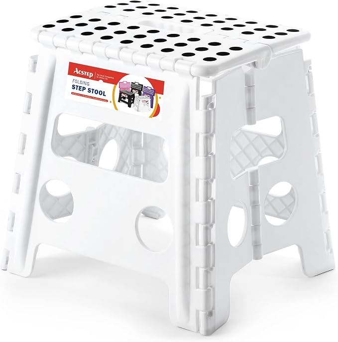 13 Inch Folding Step Stool, Holds 300 lb, for Adults and Kids, White | Heavy Duty Portable Collapsible Foot Stool, Non-Slip Surface for Kitchen Bathroom Bedroom Outdoor, Lightweight with Handle by ACSTEP