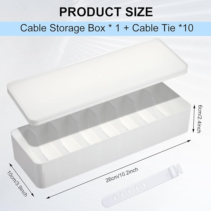 Tatuo 1 Pcs Cord Organizer for Drawer Desktop, Cable Organizer Box with 8 Compartments and Wire Ties, Plastic Charger Storage with Lid, Electronics Case for Home Office Accessories (Small,White) - Image 2
