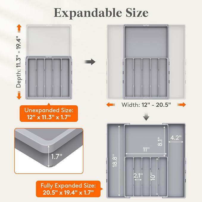 Lifewit Expandable Silverware Drawer Organizer, Utensil Tray for Kitchen | BPA Free Flatware and Cutlery Holder, Adjustable Plastic Storage for Spoons Forks Knives, 12-20.5 x 11.3-19.4 x 1.7, Gray - Image 2