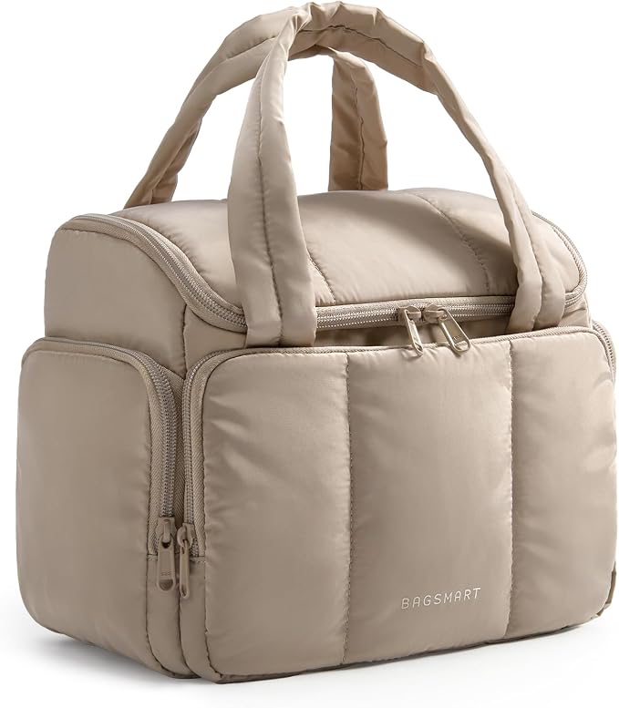 BAGSMART Toiletry Bag for Women with Dual-Padded Handles, Puffy Lightweight Makeup Bag for Makeup Accessories, Brushes Set, Travel-Sized Container, Camel by BAGSMART