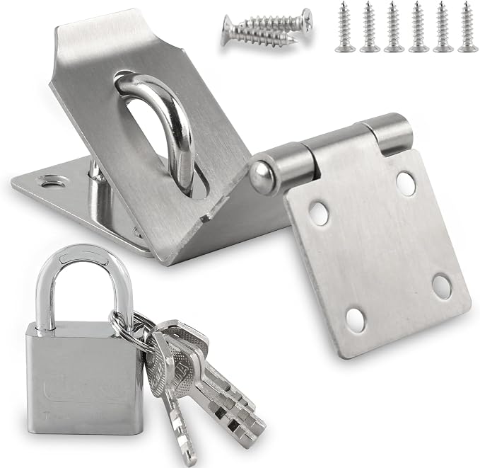 HOWDIA 4 Inch Door Lock Latch Padlock Hasp Set, 90 Degree Latch Lock with Screws and Padlock Stainless Steel Safety Right Angle Padlock Hasp Latch Security Door Clasp Hasp for Shed/Gate/Storage Lock by HOWDIA