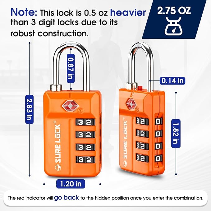 SURE LOCK TSA Approved 4-Digit Resettable Combination Luggage Locks with Open Alert, Easy-Read Dials - for Luggage, School Lockers, Gym, Office, Toolbox & Security Cases (Orange 2 Pack) - Image 5