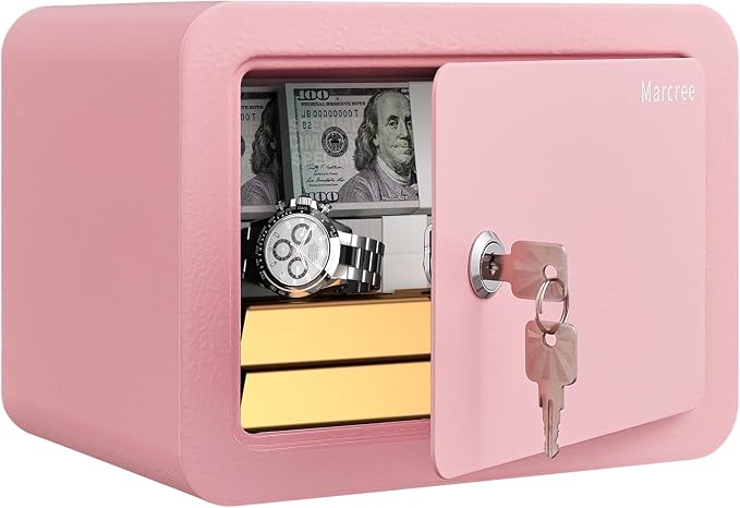 Marcree 0.23 Cubic Small Safe Box for Home, Mini Safes for Kids, Pink Safe | Security Cabinet Safes with Cutting-edge Bending, Lock Box with Keys for Money Cash, 6.69x 9.06x 6.69 Inches, Pink by MarcreeSafe