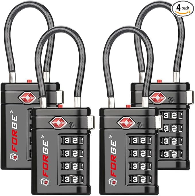 Forge Open Alert TSA Approved Luggage Locks 4 Digit Combination TSA Travel Locks with TSA008, Zinc Alloy Body for Luggage, Suitcase, Backpack, and More. Black 4 Locks. by Forge