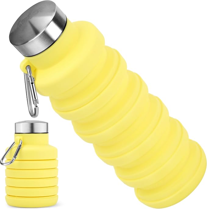 Collapsible Water Bottle, 16oz Portable Reusable Silicone Water Bottle with Carabiner for Gym, Travel, Camping, Hiking, Sports, Lightweight, BPA-Free, Leak-Proof, Foldable Design, Yellow by HOME