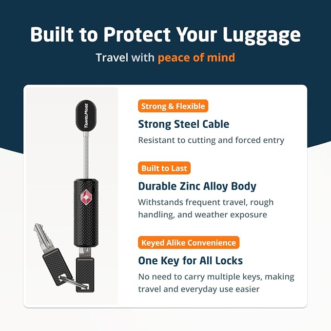TSA Approved Locks for Luggage with Keys, Secure Travel Locks | Durable, Flexible Cable, Zinc Alloy Body, Easy to Use, Compact, for Suitcases, Backpacks, Cases, Zippers, 1-Pack, Black - Image 6