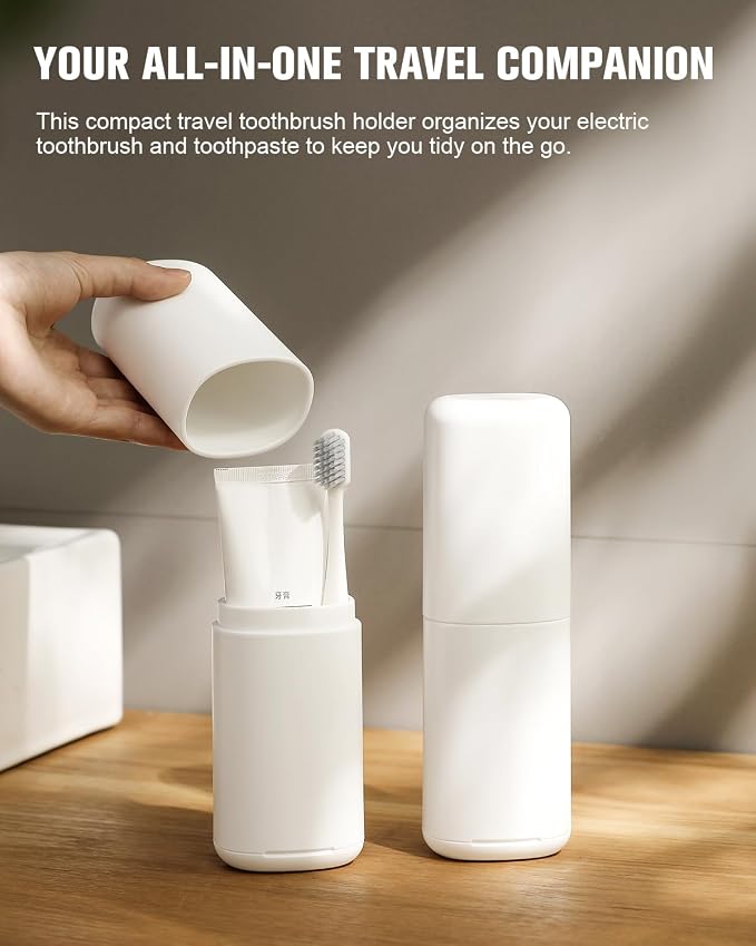 FERYES Travel Toothbrush Holder – 3-in-1 Portable Organizer with Draining Lid & Mouthwash Cup (White) - Image 2