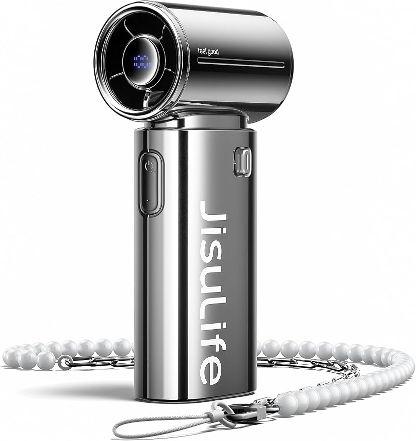 JISULIFE Handheld Fan Life9S - Sleek Chrome: Turbo Power, 22 Hours Cooling | LED Display, 5000mAh, 5-Speeds, Mini Portable Fan for Travel, Cruise, Concerts, Trendy Gifts for Women Men -Chrome by LivechillStaycool
