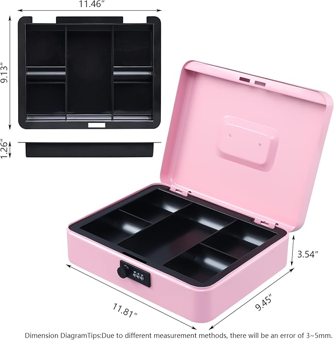 KYODOLED Metal Cash Box with Combination Lock Money Box for Cash Safe Metal Box with Money Tray for Security Lock Box 11.81"x 9.45"x 3.54" Pink X Large - Image 5