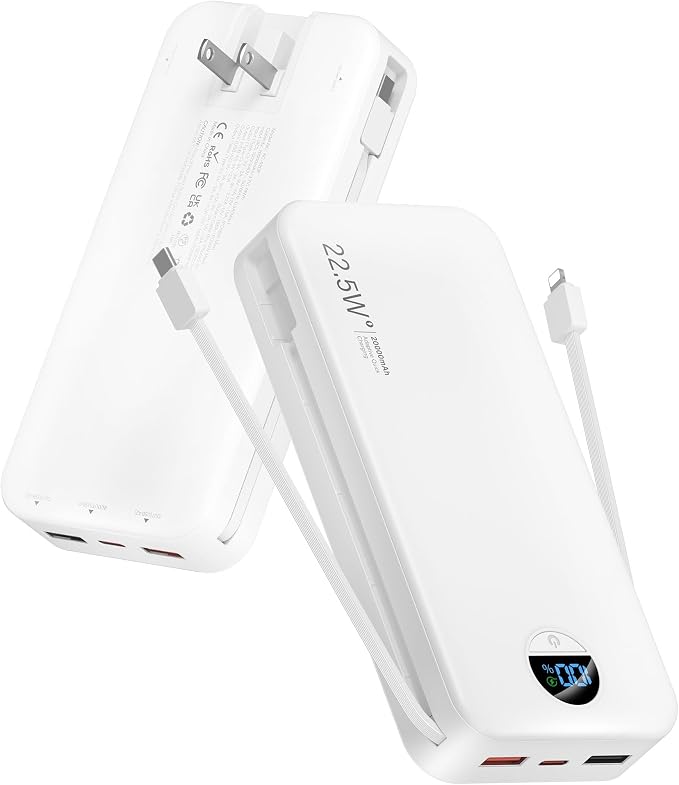 citicr Portable Charger 20000mAh PD20W w/Built-in Cables & Wall Plug White | High capacity, Fast charging, Built-in wall plug, LED display, Charge 5 devices at once, Pass through charging, TSA approved by CITICR