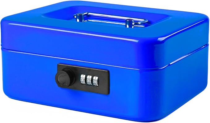 Jssmst Medium Cash Box with Combination Lock-Durable Metal Cash Box with Money Tray Blue, 7.87 x 6.3 x 3.35 inches, CB0702M by Jssmst