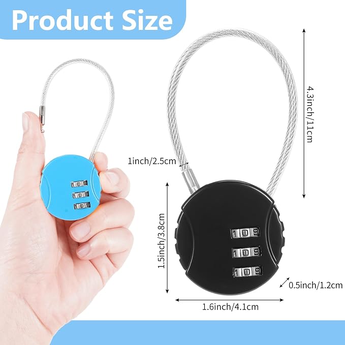 16 Pack 3 Digit Combination Cable Padlock,Black,Silver,Blue | Resettable for Gym Locker Luggage Backpack, Waterproof Outdoor Security, Small Combo Lock for Travel School Storage - Image 2