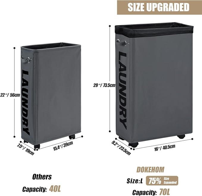 DOKEHOM 29" Enlarged Slim Rolling Laundry Basket Hamper on Wheels, Grey | Collapsible tall laundry hamper with removable mesh wash bag. Foldable narrow corner clothes storage bin for small spaces - Image 3
