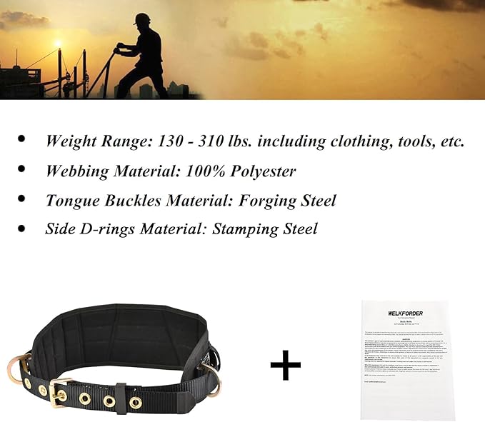Tongue Buckle Body Belt With Waist Pad and 2 Side D-Rings Personal Protective Equipment Safety Harness | Waist Fitting Size 33'' to 47'' for Work Positioning, Restraint - Image 7