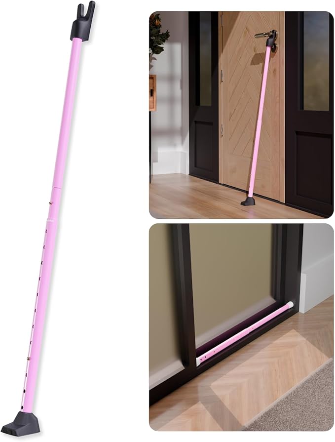 SECURITYMAN 3-in-1 Door Security Bar, Security Door Stoppers & Door Barricade – Heavy Duty Adjustable Iron Security Lock Bar for Home Defense, Apartment & Travel Safety (1 Pack - Pink) by SECURITYMAN