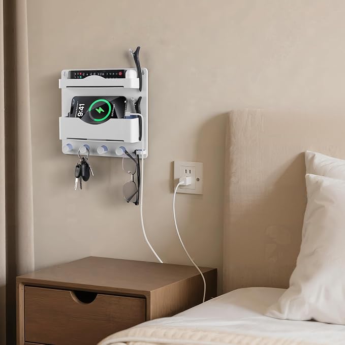 Bedside Wall Shelf with Glasses Hooks, Adhesive Bedside Organizer Wall Mount for Dorm and Room Accessories Phone，Remote，Earphone， Kindle (White) - Image 2
