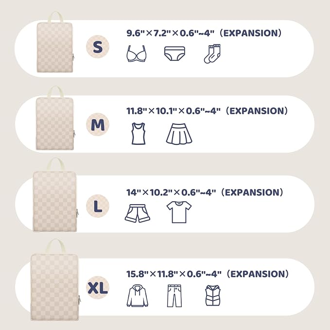 4 Set Expandable Compression Packing Cubes for 3–7 Day Travel, Solid & Plaid Fabric Travel Organizers, Double-Zipper Storage Bags for Carry-On & Suitcases(4set-Cream Beige) - Image 3