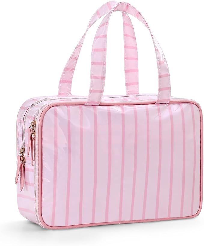 Toiletry Bag for Women, Pink Stripe | Clear Coated,Waterproof,Multiple Compartment,Open Flat,Handle,Travel Organizer for Shampoo,Conditioner,Cosmetic Accessories by THOVSMOON