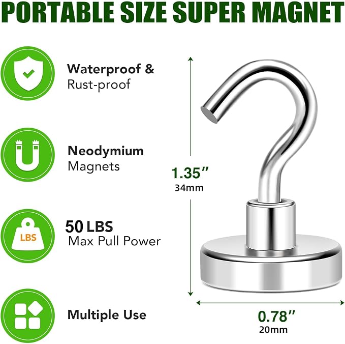 Magnetic Hooks Heavy Duty 50lbs Magnets with Hook for Refrigerator | Strong Magnets with Rust Proof Metal Hooks for Cruise Cabins Outdoor Hanging Brackets Classroom 12 Pcs - Image 7