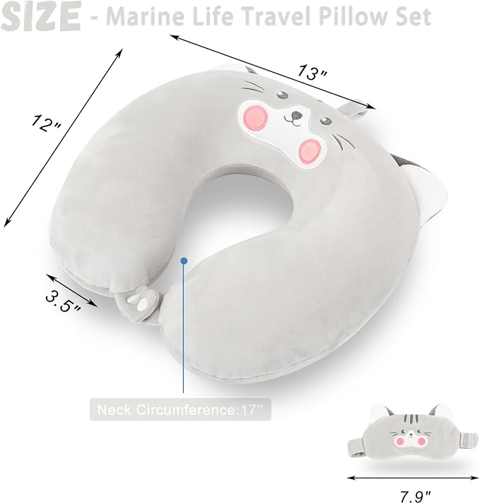 Travel Pillow, Kids Travel Pillow with Sleep Eye Mask Soft Memory Foam Kids Neck Pillow for Boys & Girls, Travel Accessories for Car Airplane Traveling - Grey Cat - Image 2