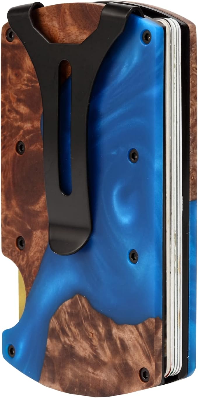 Minimalist Wallet for Men, Slim Metal RFID Blocking Wallet Credit Card Holder Money Clip & Cash Strap, Scratch-Resistant Holds 15 Cards,Ideal Gift for Men | Resin Wood, Unique Pattern ,Dark Blue - Image 7