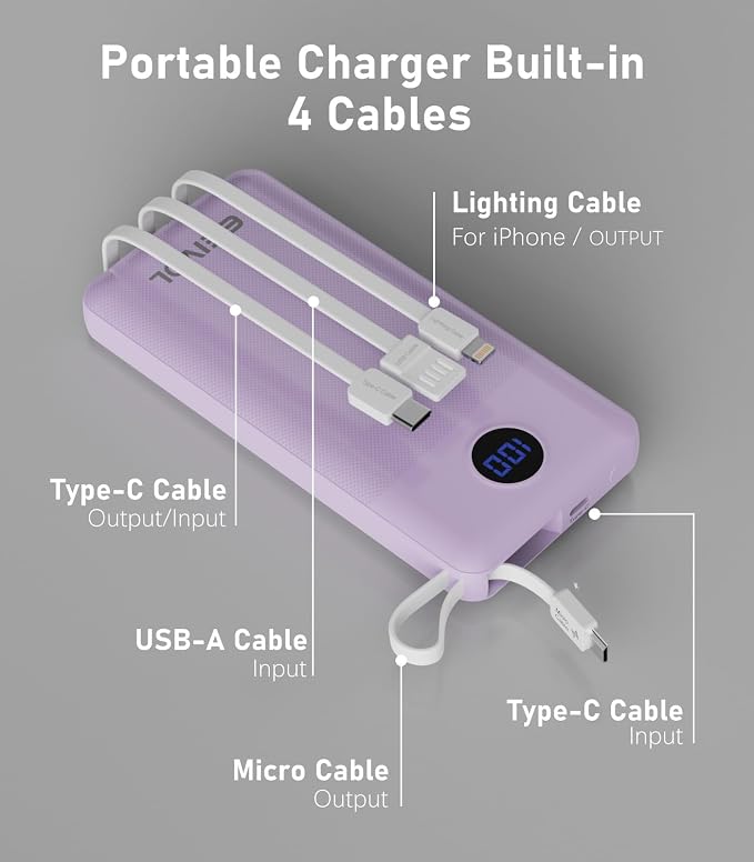 Portable Charger with Built in Cables, Slim 10000mAh Power Bank, USB C Battery Pack Travel, 4 Output 2 Input External Charging Bank for iPhone 17/16/15/14/13,Samsung, Android, etc-Purple(1 Pack) - Image 4