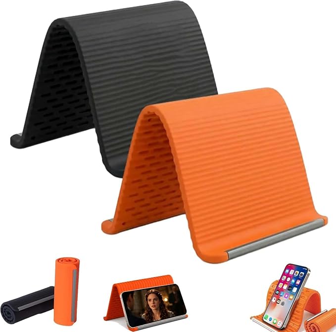 Airplane Phone Holder 2 Pack (Black+Orange), Flexible Silicone Aluminum Foldable Phone Stand, Travel Essentials & 0.12" Ultra-Thin Desktop Mount for iPhone, Flight, Bed, Office, Treadmill by BAOYUANDA