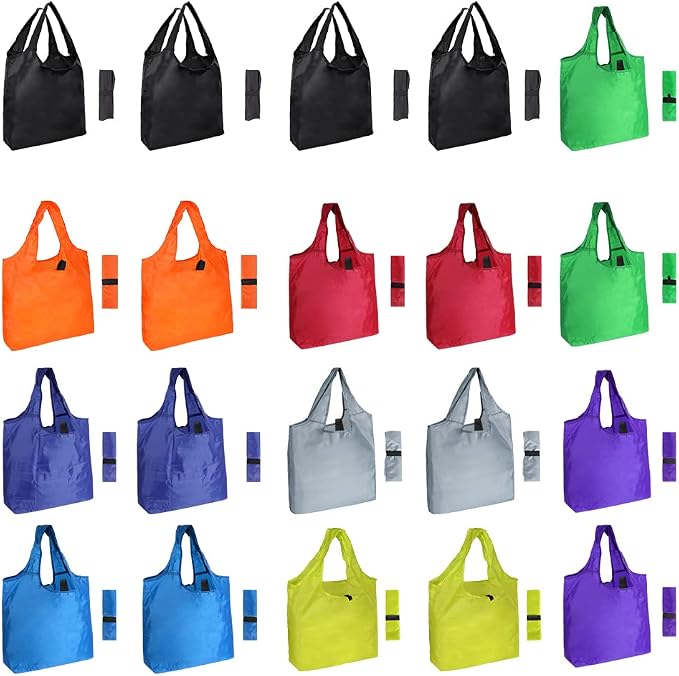 Aricsen Durable Colorful Folding Reusable Grocery Bags Handles, 20 Pack | Polyster fabric cloth, Pocket Nylon Tote, Foldable, Xlarge, Durable, Machine Washable, for grocery, storage, gifts by Aricsen