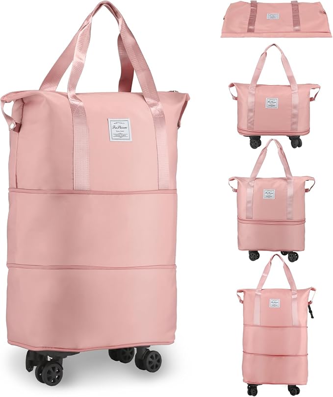 VOOWO Rolling Duffle Bag with Wheels, Expandable Foldable Duffle Bag for Travel, Rolling Under Seat Luggage Carry on Duffel Bags, Wheeled Travel Duffel Large Overnight Weekend Bags (Pink) by VOOWO