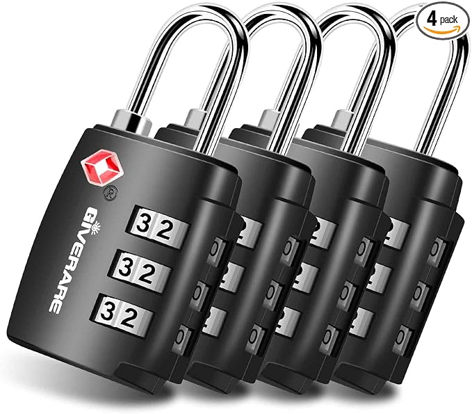 4 Pack TSA Approved Travel Luggage Locks, Combination Lock Alloy Body, Metal Keyless 3-Digit Padlocks, TSA Accepted Compatible Padlock for Gym Locker, Golf Bag Case, Backpack, Black-by GIVERARE by GIVERARE