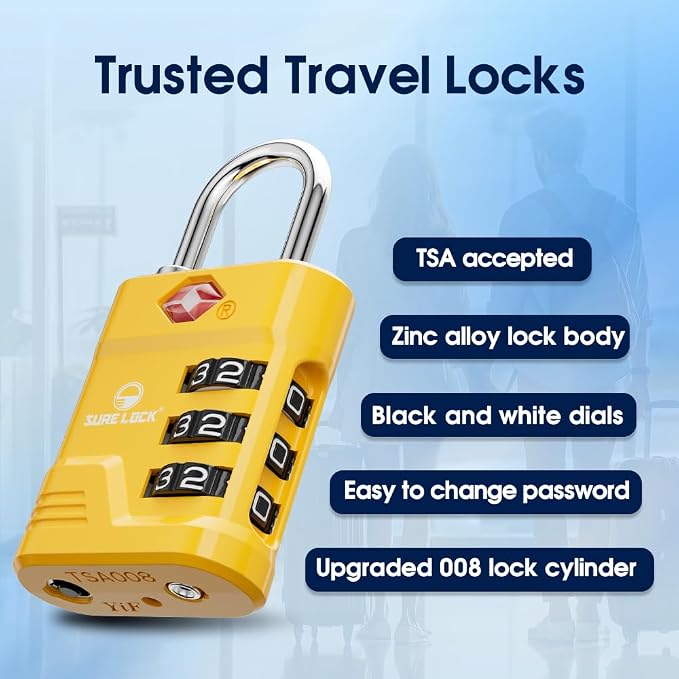 SURE LOCK TSA Approved Luggage Lock – 3-Digit Resettable Combination Padlock with Open Alert Red Dot, Large Easy-Read Dials for Suitcases, Backpacks, Gym & School Lockers(Yellow 4 pk) - Image 4