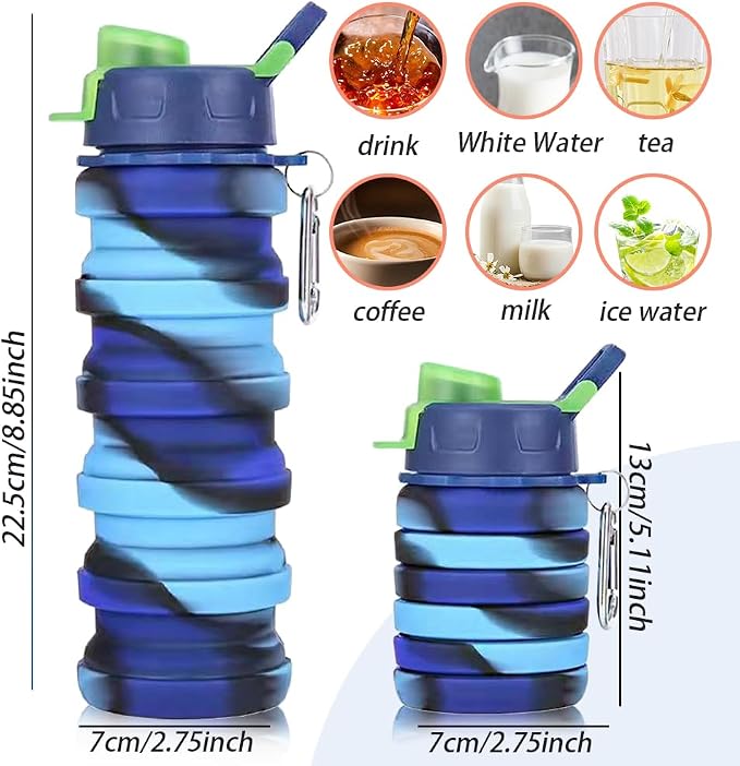 Silicone Collapsible Water Bottles, 16oz 500ml Portable Foldable Expandable Water Bottle Sports Cups, Leak Proof Reusable BPA Free, for Outdoor Activities Travel (Blue-B) - Image 2