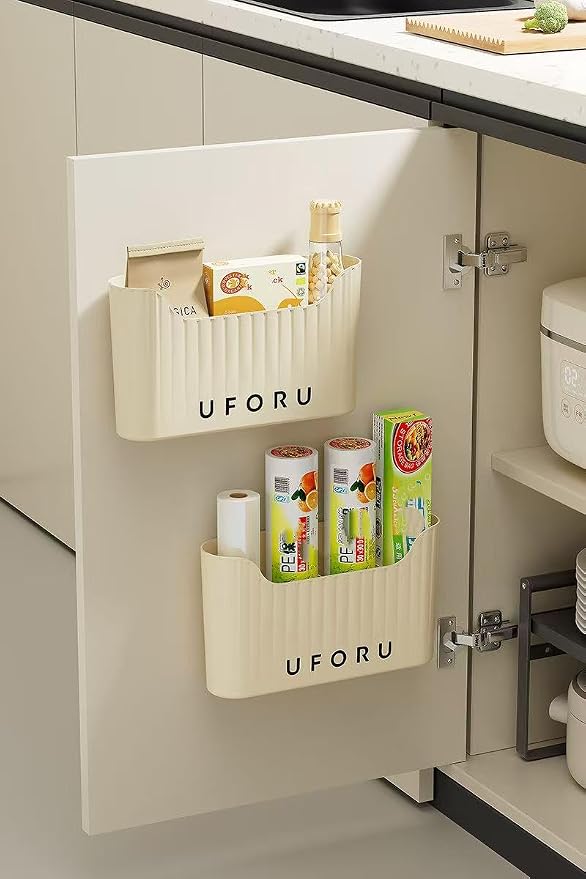 Wall-Mounted Storage Rack,No-Drill Adhesive Storage Box Inside The Cabinet Door,Suitable For Smooth Surfaces Like Bathrooms,Kitchens,Laundry Rooms (Cream White) - Image 2