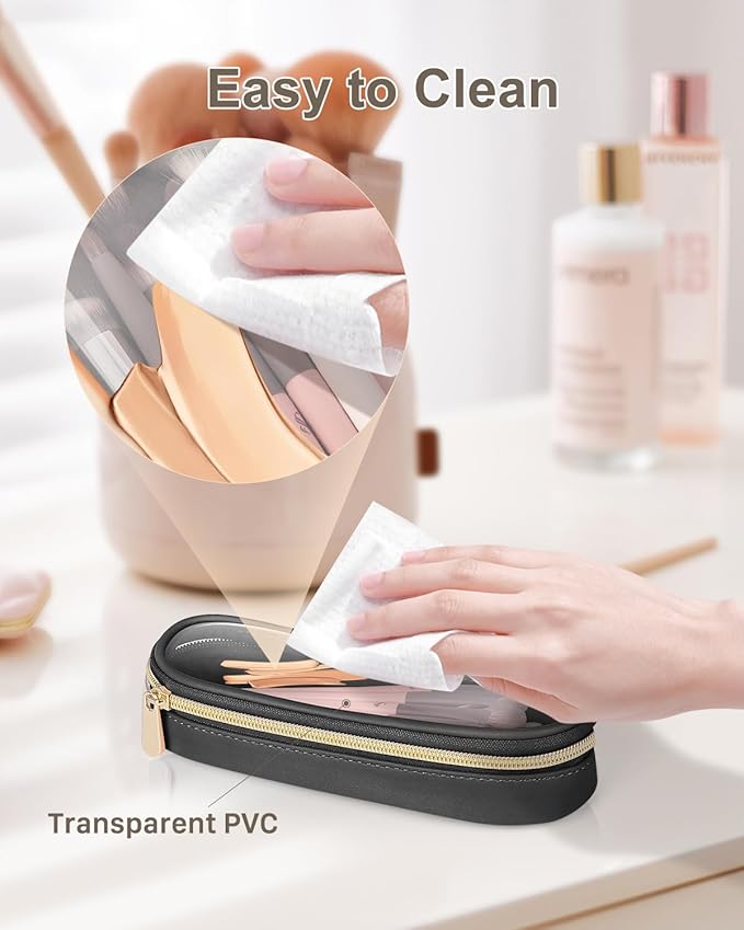 Soimeat Clear Travel Makeup Brush Holder, Leather Makeup Brush Toiletry Bag, Portable Cosmetic Brush Case, Transparent Waterproof Makeup Brush Storage Bag, Black, Large - Image 4