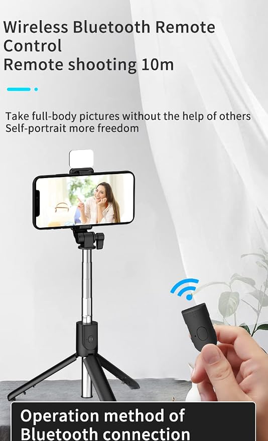 PINHEN Selfie Stick Tripod with Light, Extendable 360° Rotation Tripod Stand with Detachable Wireless Remote 3 in 1 Portable Mobile Phone Holder Compatible with iPhone Android Sansung(Black+Light) - Image 5