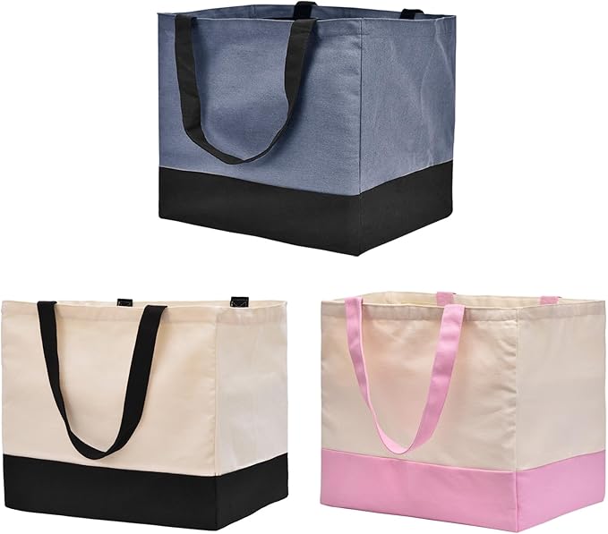 3 Pack Canvas Reusable Grocery Bags Heavy Duty（Blue + Pink + Black）, 8.3 gal Foldable Large Tote Bag with Handles, Holds 60 lbs Canvas Shopping Bags & Washable Eco-friendly Bags with 5 Pockets by CNaiyunpin
