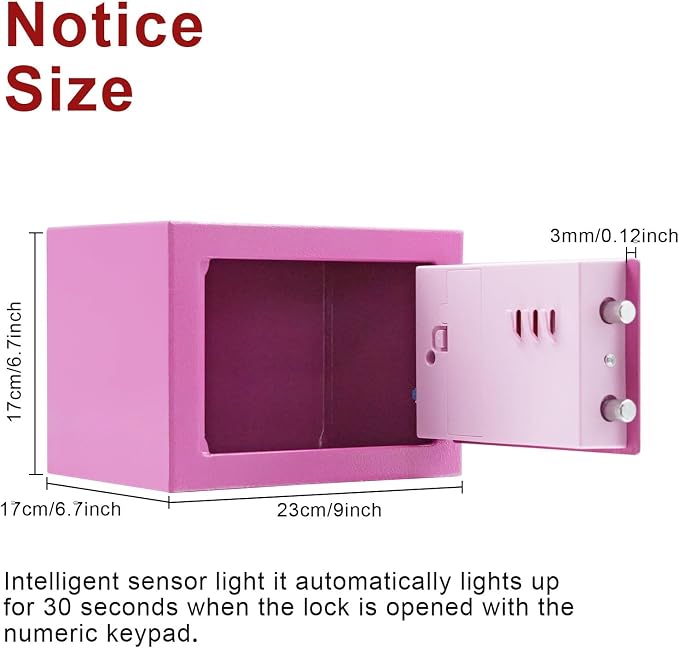 Pink Safe Box with Sensor Light, Electronic Digital Keypad, Steel Construction, Hidden, Small Safe for Office, Home, Hotel - Image 3