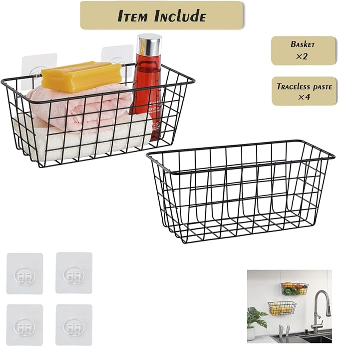 JUNCHU CHERRY 2 Pack Hanging Storage Basket, Bathroom Basket, Household Goods, with Traceless Tape, no Drilling, for Cabinet Storage, Kitchen, Bathroom, Storage Room,Black - Image 4