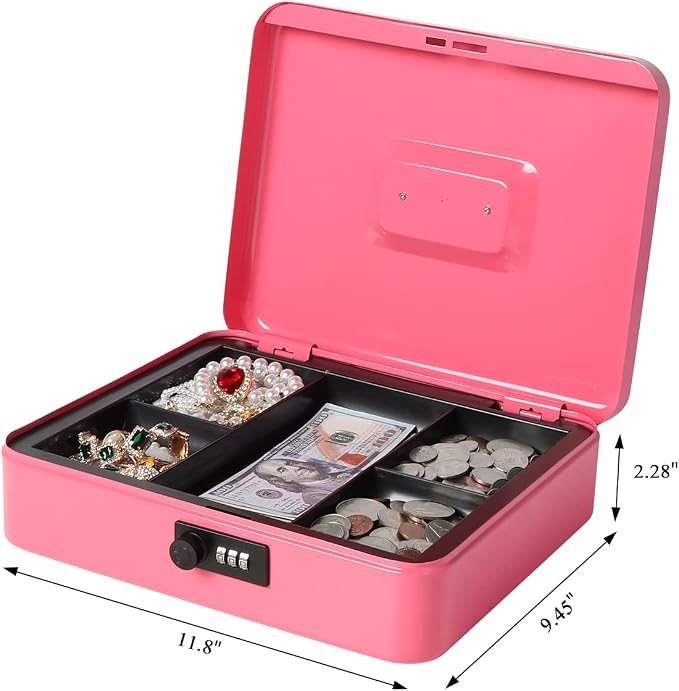 Jssmst Large Cash Box with Combination Lock - Durable Metal Cash Box with Money Tray, Pink, 11.81 x 9.84 x 3.46 inches, CB0705XLN - Image 2