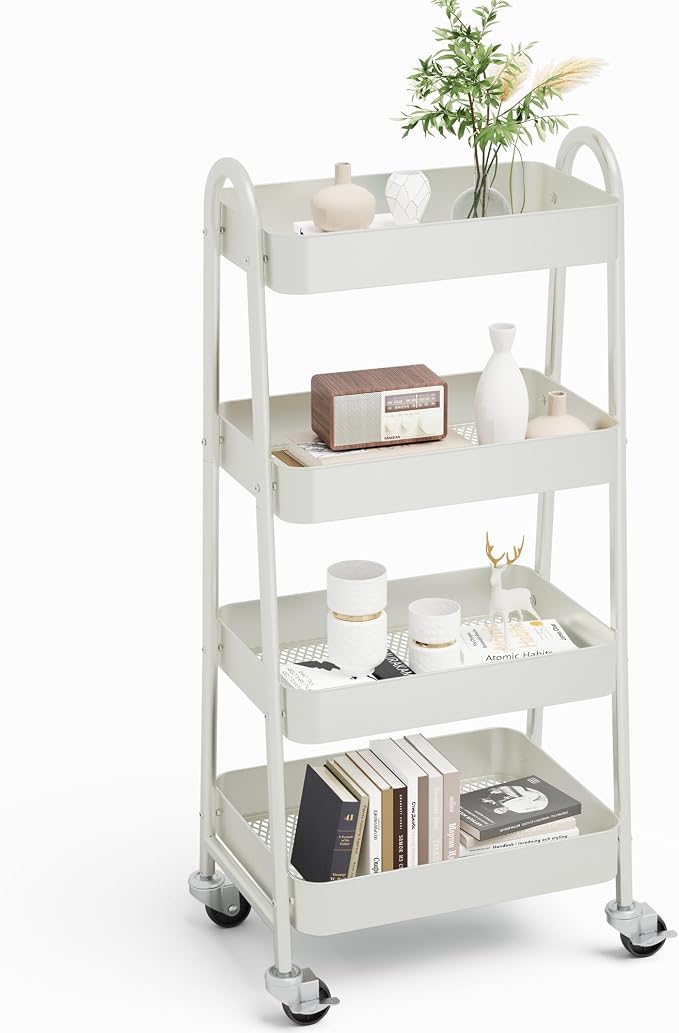 NEWBULIG 4-Tier Metal Rolling Storage Utility Cart with Lockable Wheels | Mobile Organizer Shelf, Space-Saving, Freestanding, Bathroom, Living Room, Slim, Narrow Corner Spaces, White by NEWBULIG
