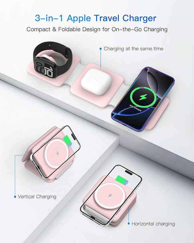 Charging Station for Apple Multiple Devices: 3 in 1 Foldable Magnetic Wireless Charger Stand - Travel Charging Dock Compatible with iPhone 17 16 15 14 13 12 Pro Max Plus Apple Watch AirPods - Image 3