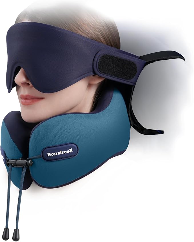 Travel Pillow, Neck Pillow Airplane for Long Flight Sleeping | Soft Supportive Foam, Head Pillow 3D Eye Mask & Seat Strap for 360°Support Head, Neck & Chin Travel Essentials Aqua & Purple by Bonairest